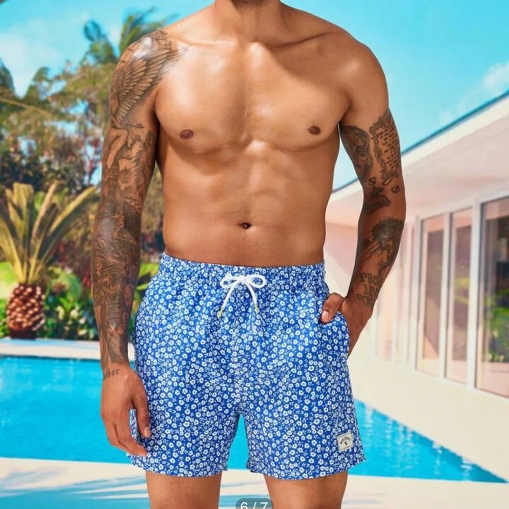 Men’s Blue & White Patterned Swim Trunks w/ Elastic Waistband Drawstring Size L